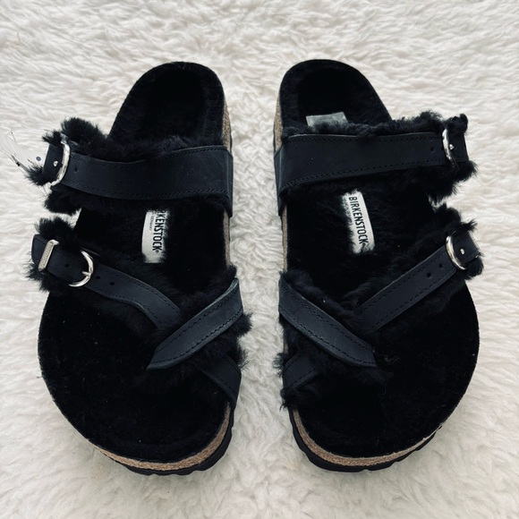 Birkenstock Miyari Shearling Black Leather Sandals size 37 W6 M4 - Picture 14 of 15